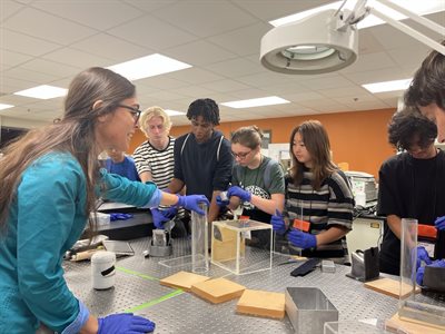 Campers and TA working on a lab actvity with gloves on surrounding a table