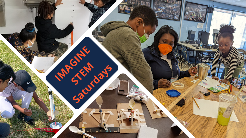 Collage of pictures from IMAGINE STEM Saturdays with families and children working on various STEM projects.