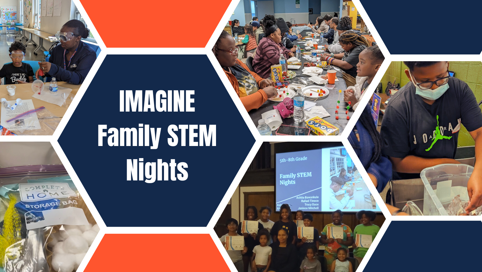 Collage of photos of families and STEM activities from IMAGINE Family STEM Nights