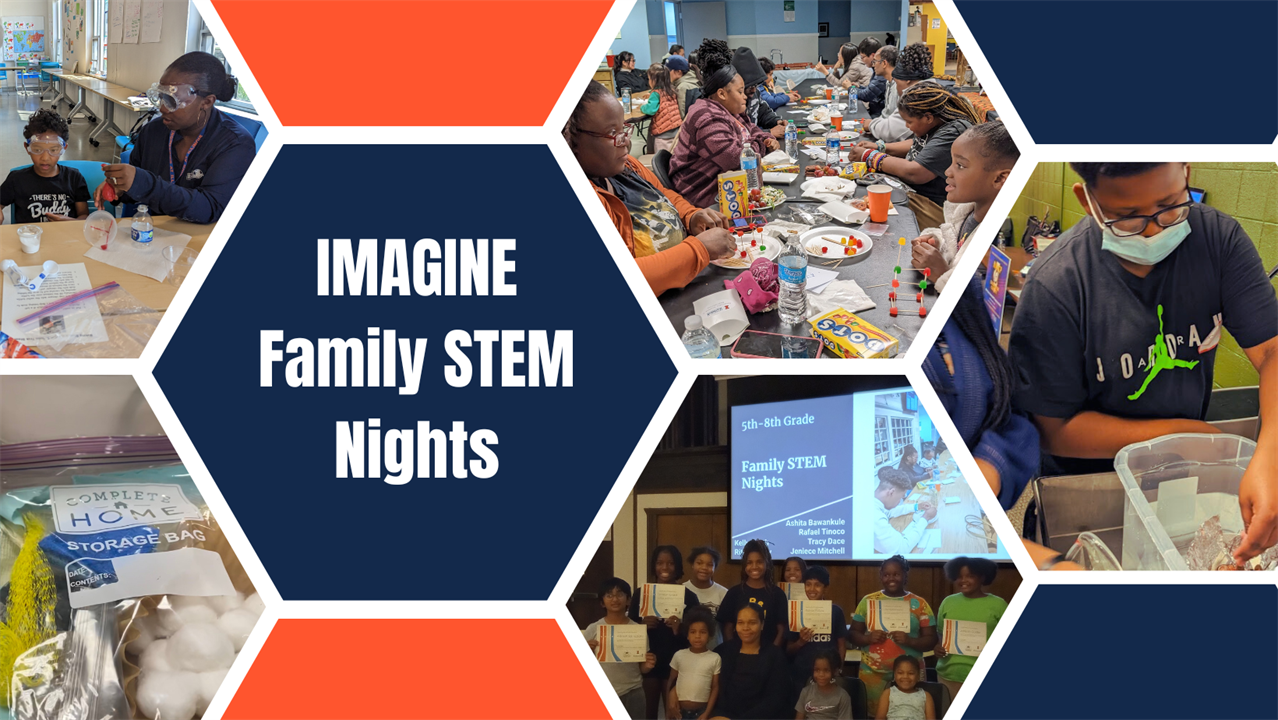 Collage of photos of families and STEM activities from IMAGINE Family STEM Nights