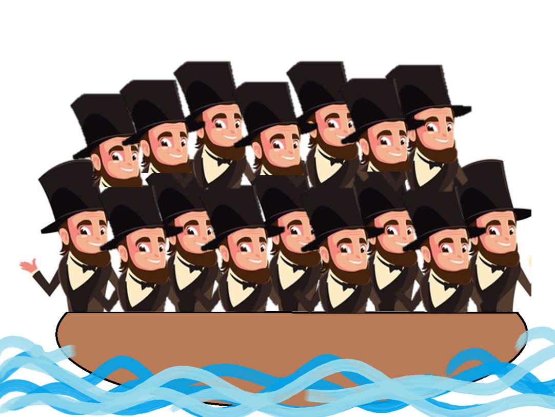 Physics Float Your Boat Activity Graphic with cartoon depiction of a bunch of Abe Lincolns grouped together in a wooden boat floating on water