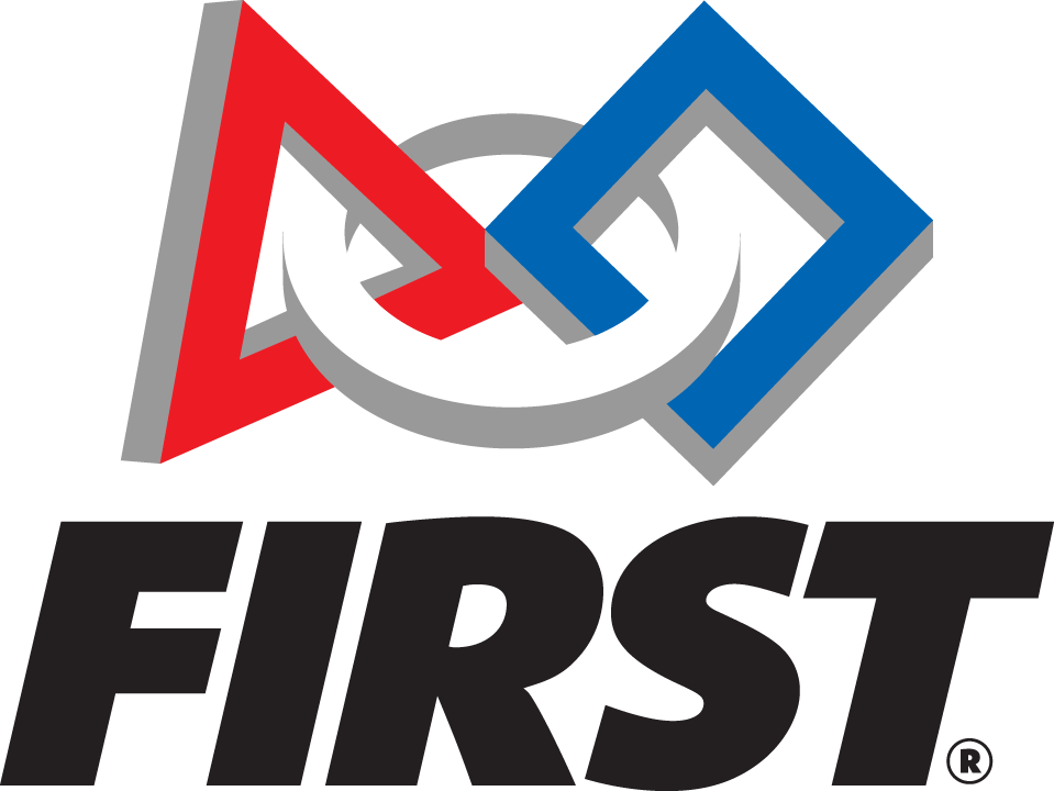 FIRST logo with a red triangle, white circle, and blue diamond shape all connected by the white circle and above the text of &quot;FIRST&quot;