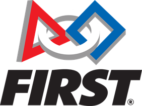 FIRST logo with a red triangle, white circle, and blue diamond shape all connected by the white circle and above the text of &quot;FIRST&quot;